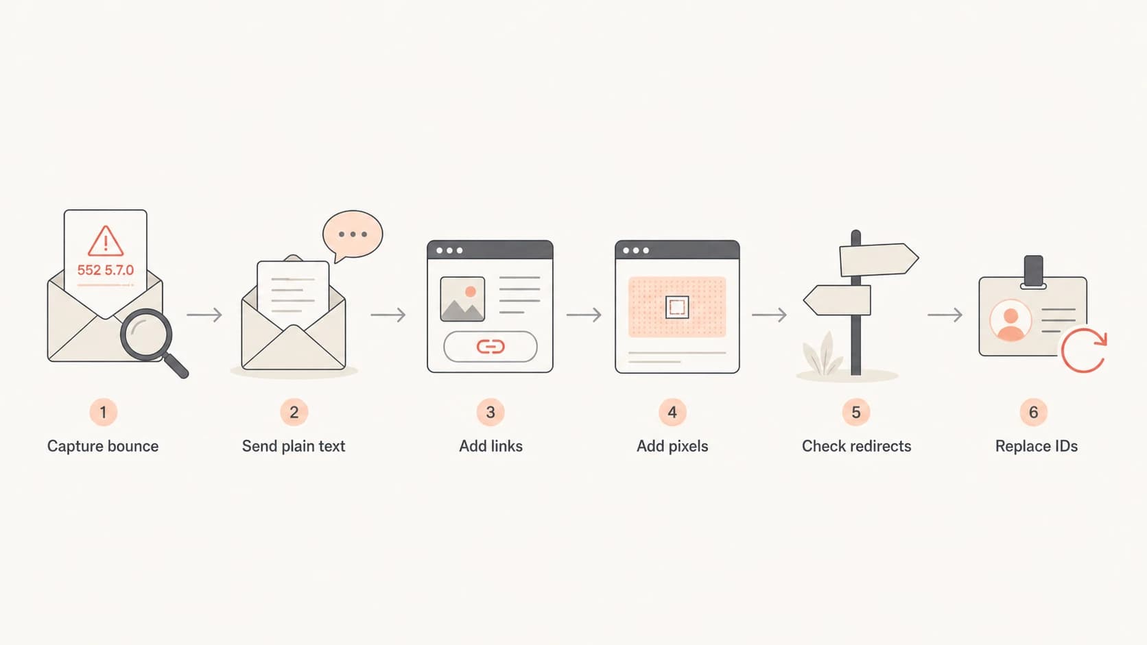 A left-to-right troubleshooting flow for Gmail 552 5.7.0 bounces.