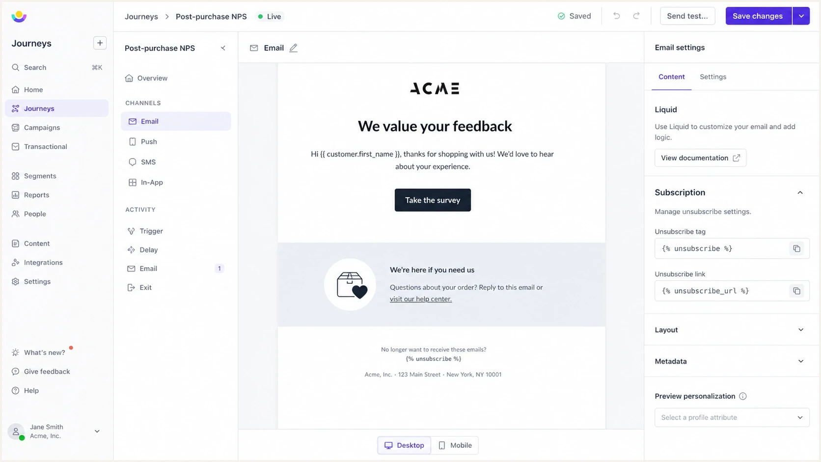 Customer.io email editor with unsubscribe Liquid tags in a marketing email.