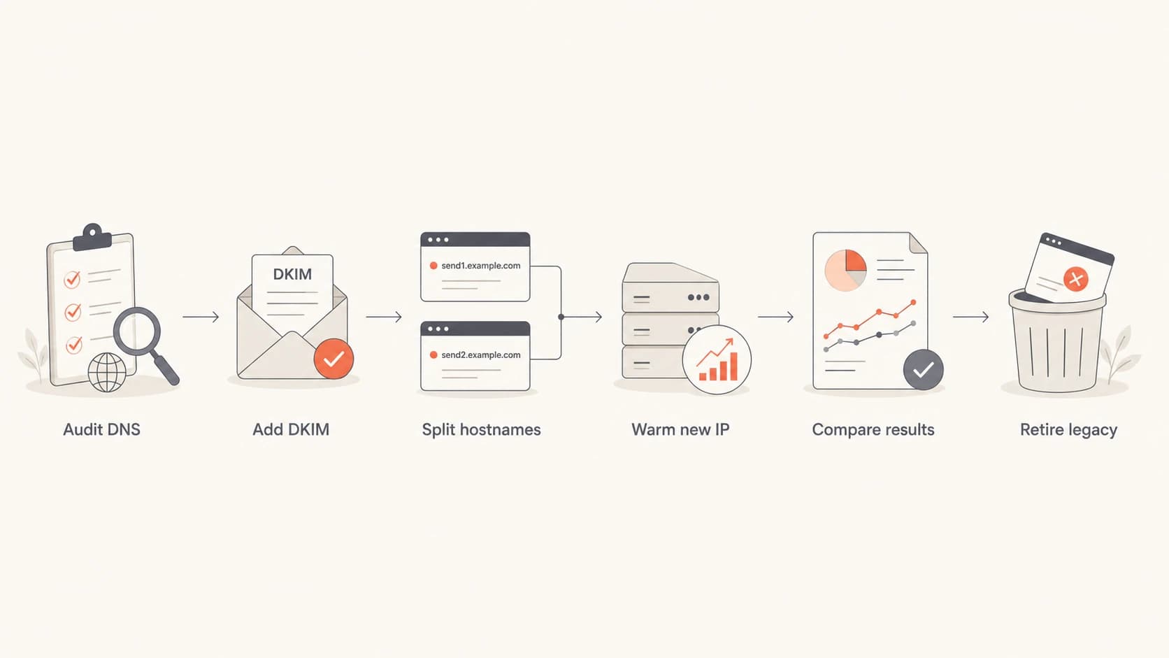 Flowchart showing DNS audit, DKIM setup, hostname separation, IP warmup, results comparison, and legacy retirement.