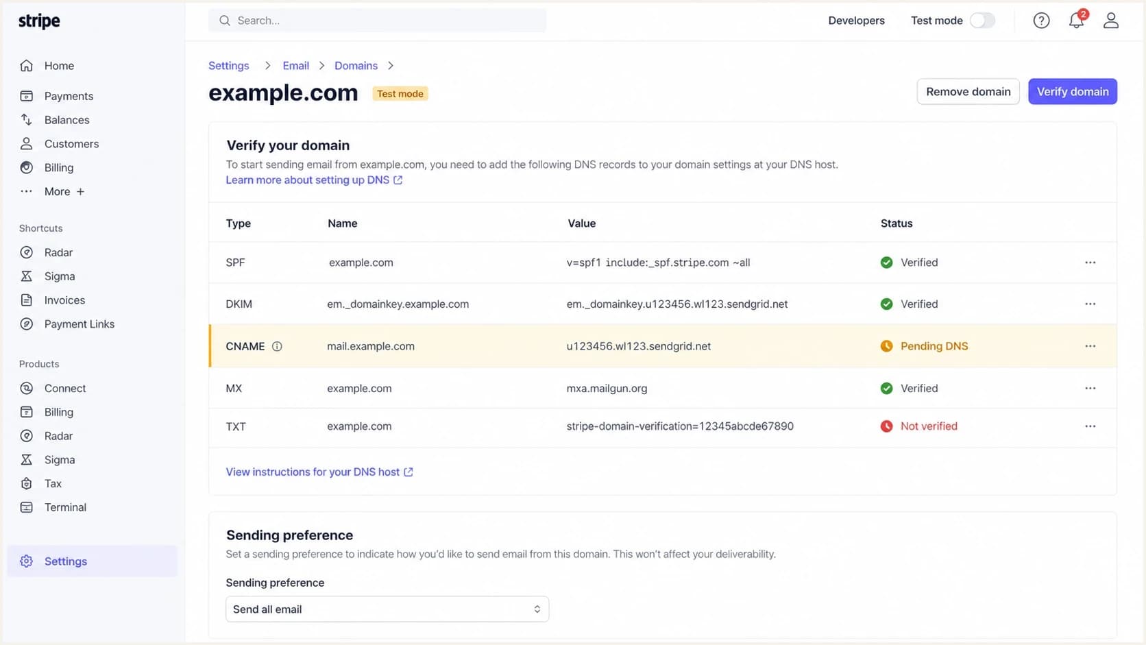 Stripe Mail From Domain CNAME row used for SPF setup.