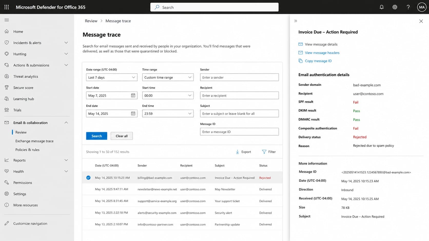 Microsoft Defender for Office 365 message trace showing SPF, DKIM, DMARC, and delivery status.