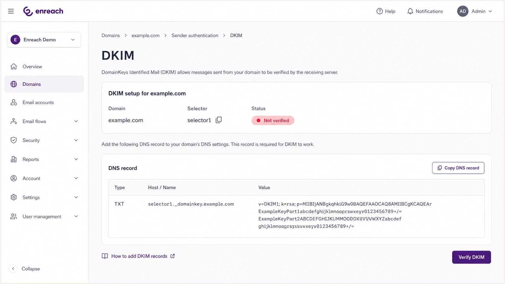 Enreach DKIM selector setup for a verified sending domain.