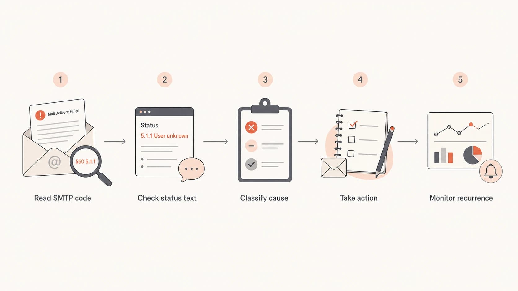 Flowchart showing how to interpret a bounce from SMTP code to action.