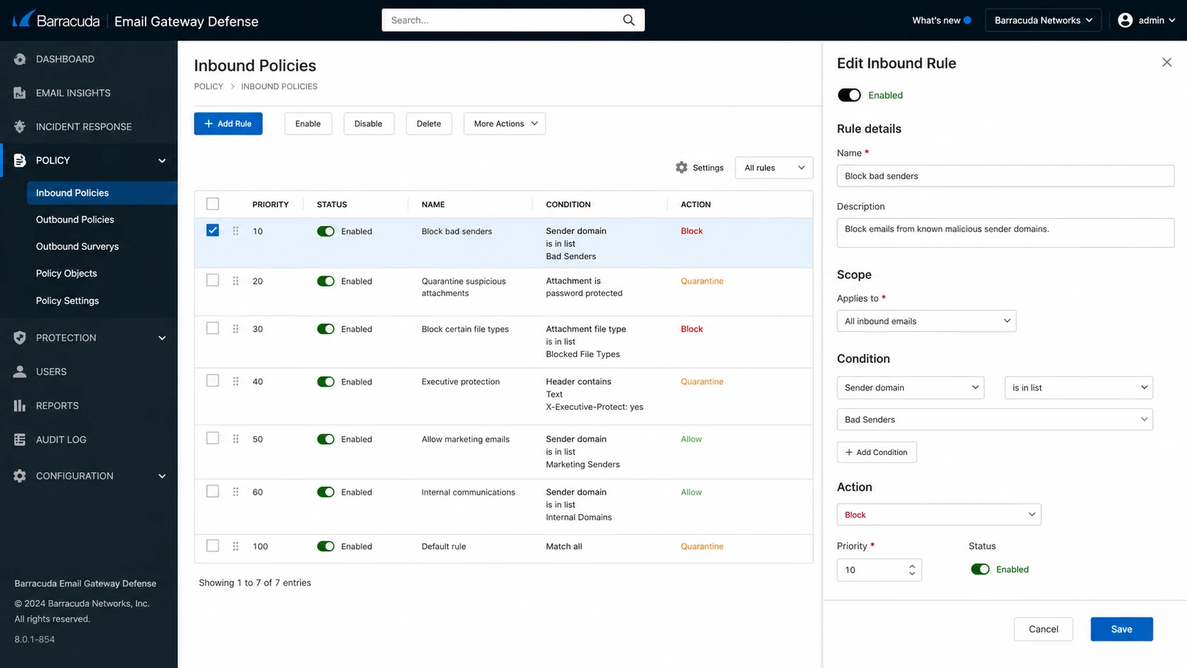 Barracuda Email Gateway Defense policy screen showing custom rule fields.