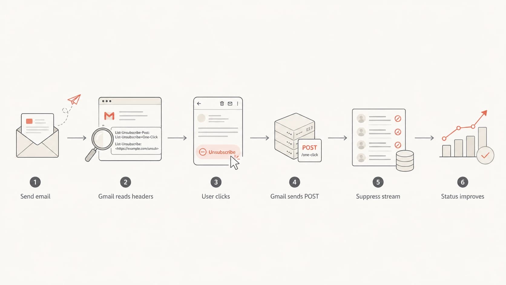 Flowchart of Gmail one-click unsubscribe processing.