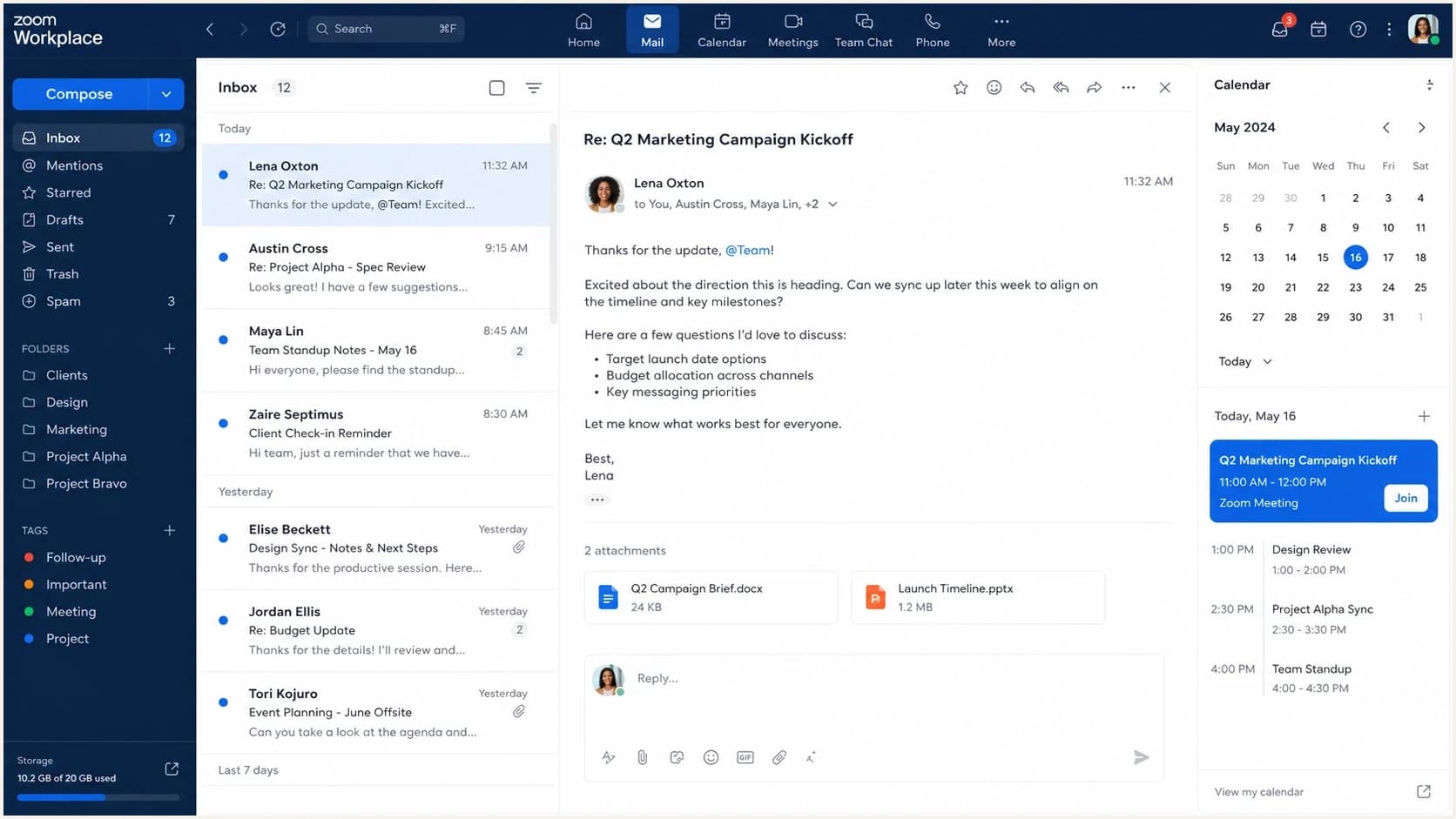 Zoom Workplace showing Mail and Calendar alongside meetings and chat.