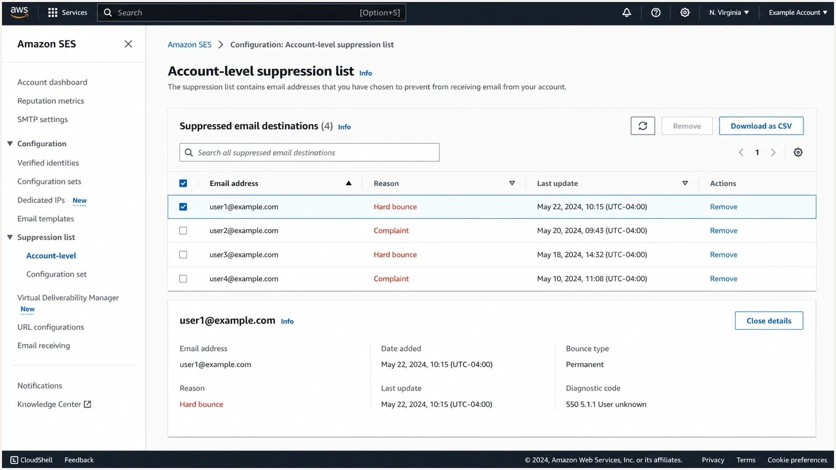 Amazon SES suppression list view used during restoration review.