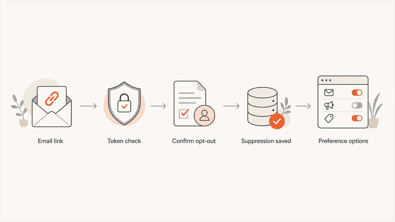 Flowchart showing email link, token check, confirmation, suppression, and optional preferences.