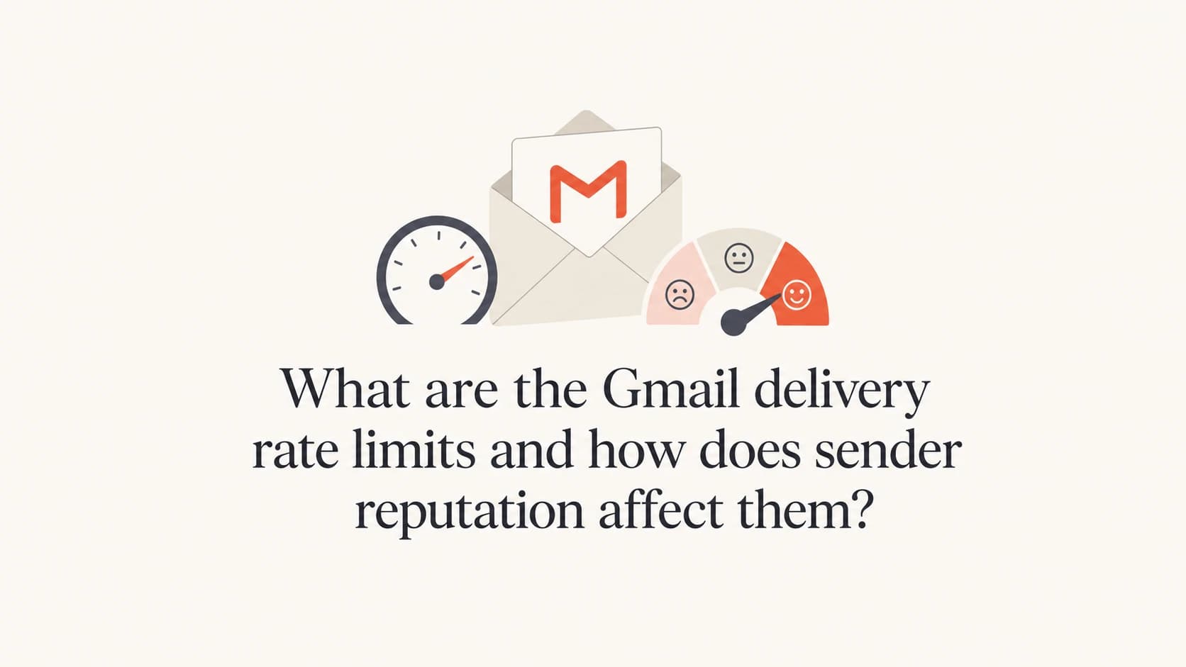 A Gmail delivery rate limit thumbnail with an envelope, speed gauge, and reputation meter.