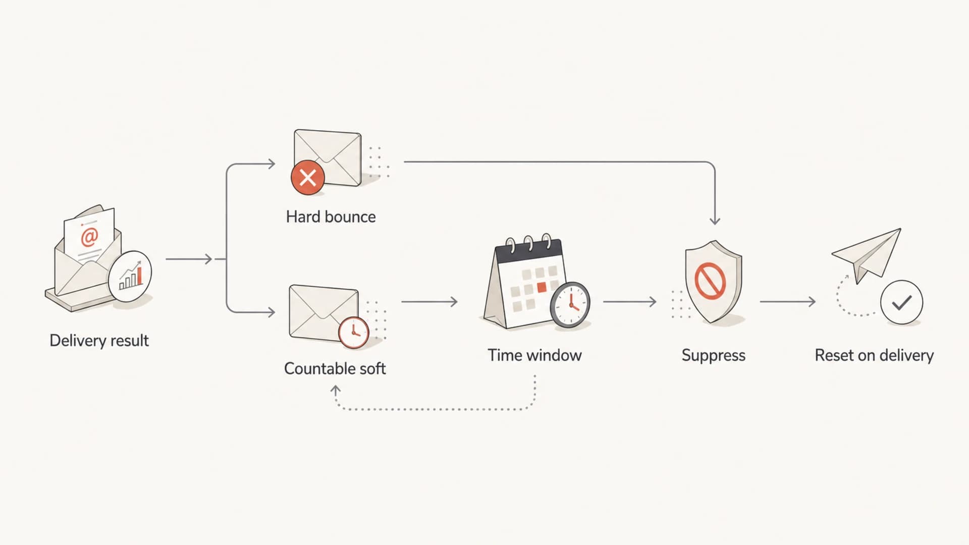 Flowchart showing how delivery results become suppression or reset decisions.