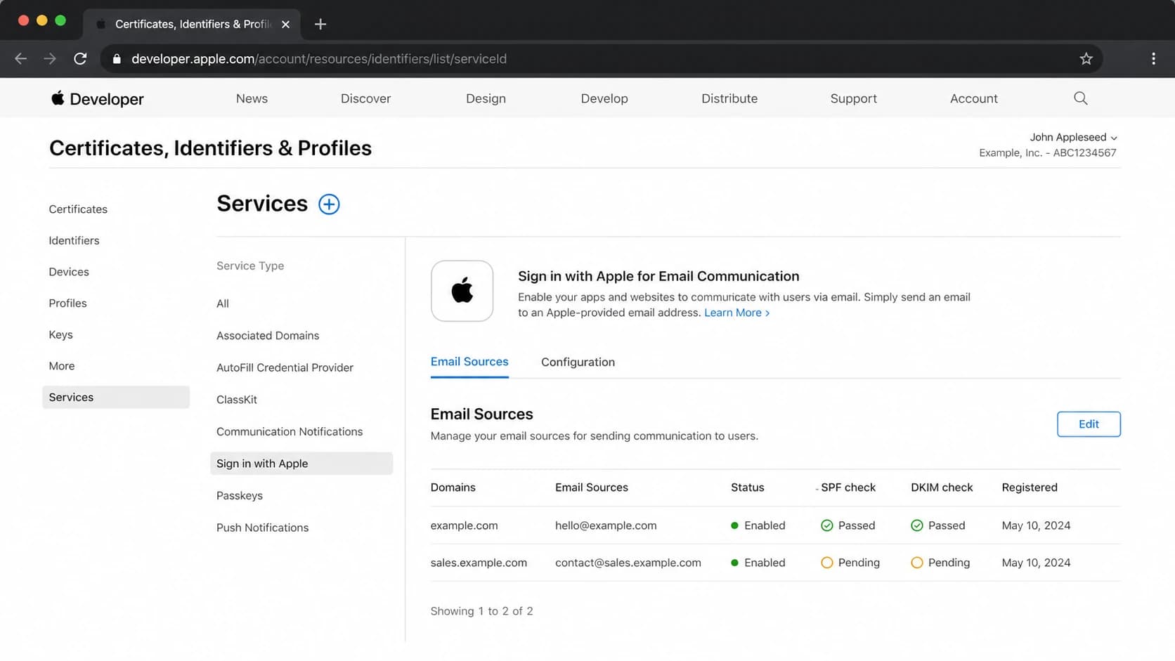 Apple Developer email sources screen with registered domains and authentication status.
