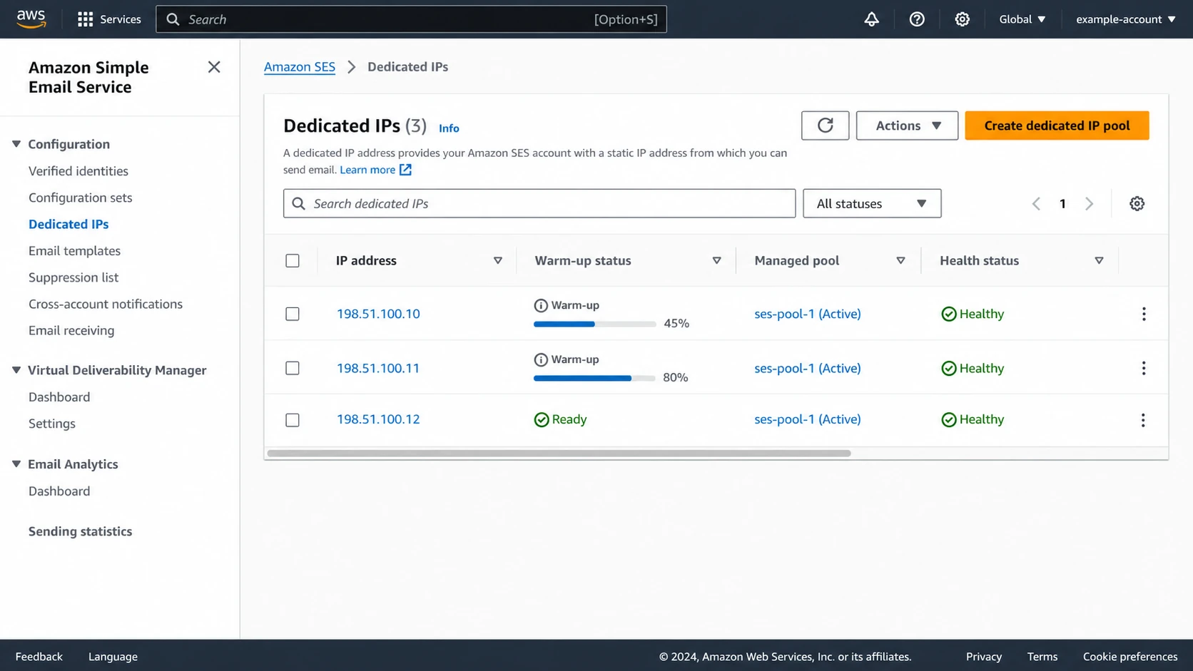 Amazon SES dedicated IP management screen showing IP warm-up and status.
