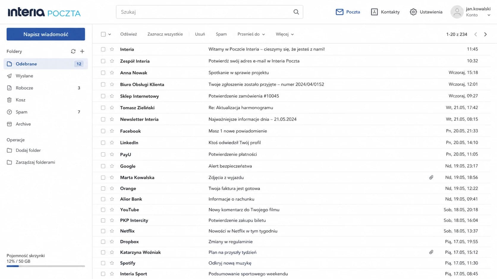 Interia Poczta inbox screen used as the destination mailbox context.