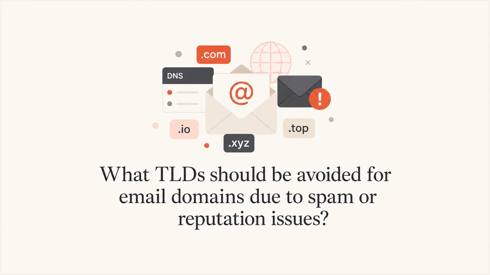 Email domain TLD risk illustration comparing .com, .io, .xyz, and .top for deliverability.
