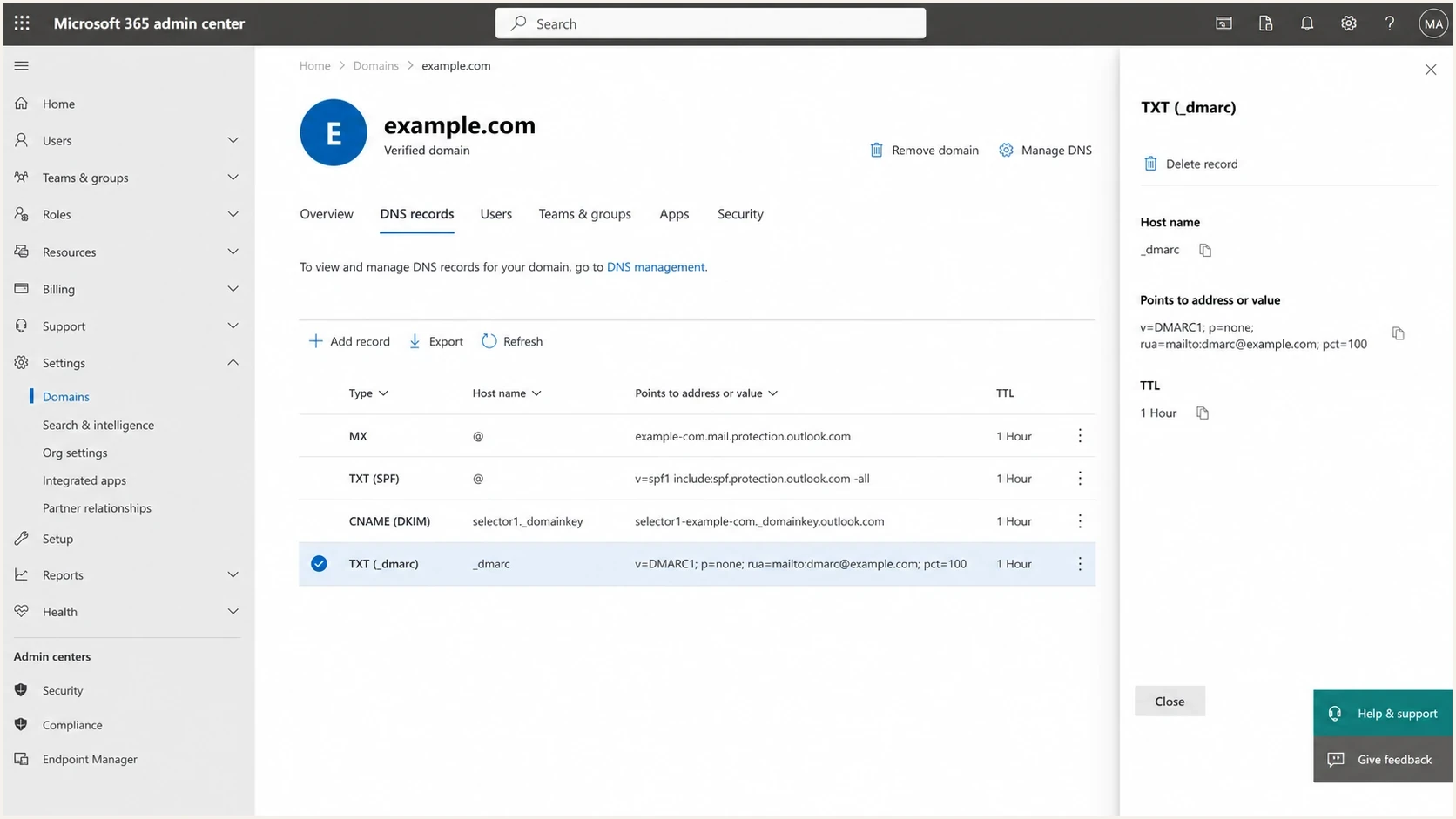 Microsoft 365 admin center showing a DMARC TXT record in domain DNS settings.