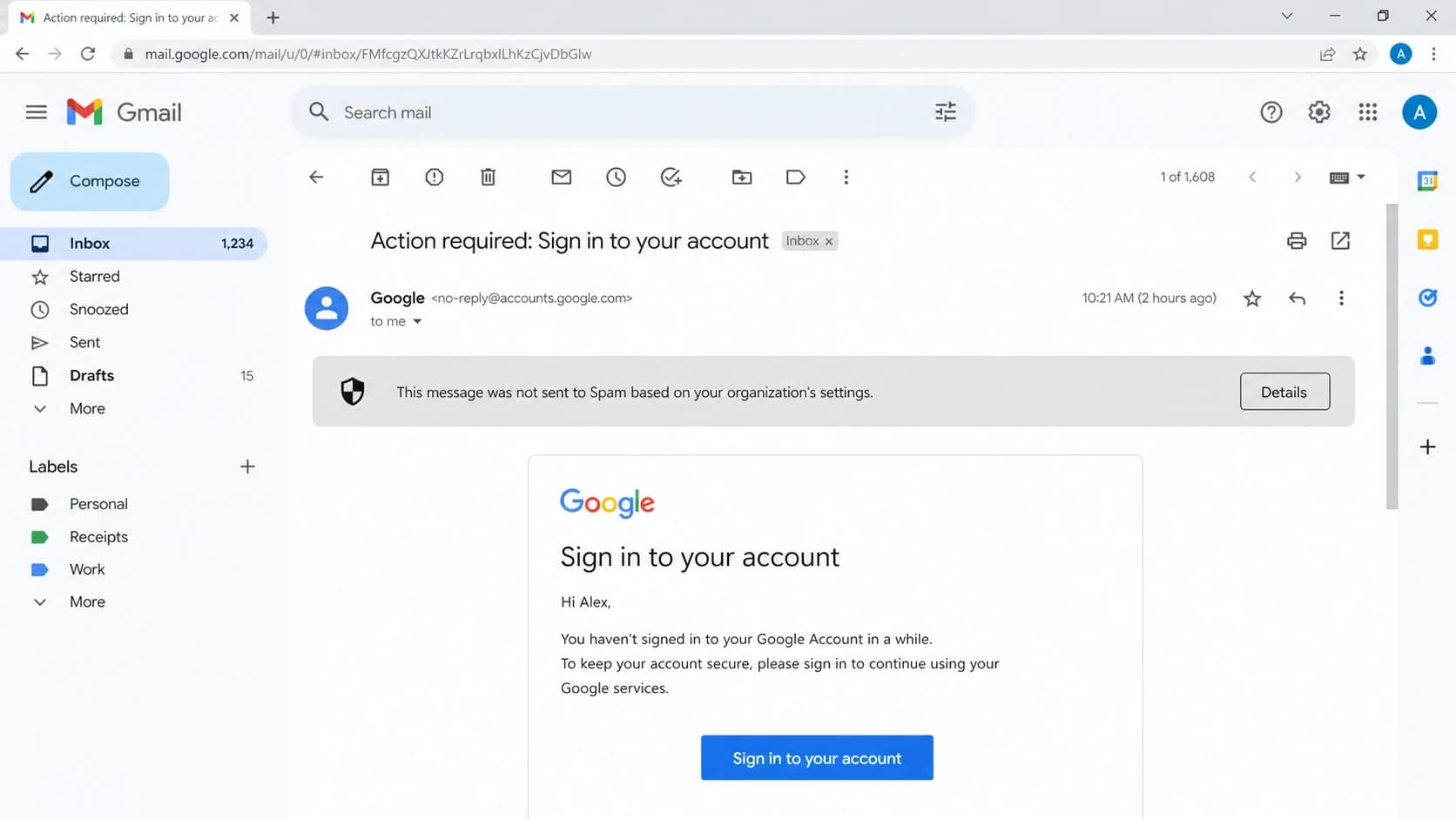 Gmail message view showing a security warning banner above an opened email.
