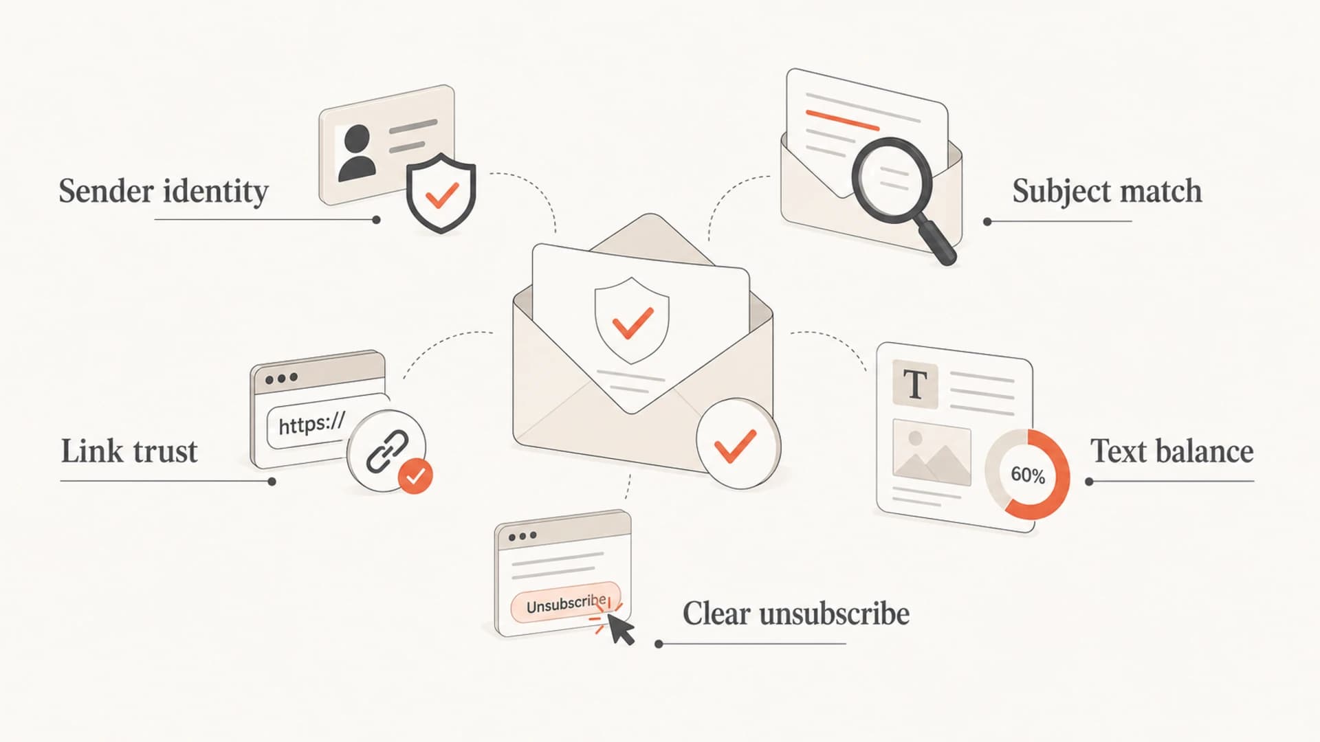 Infographic showing sender identity, subject match, link trust, text balance, and unsubscribe clarity.