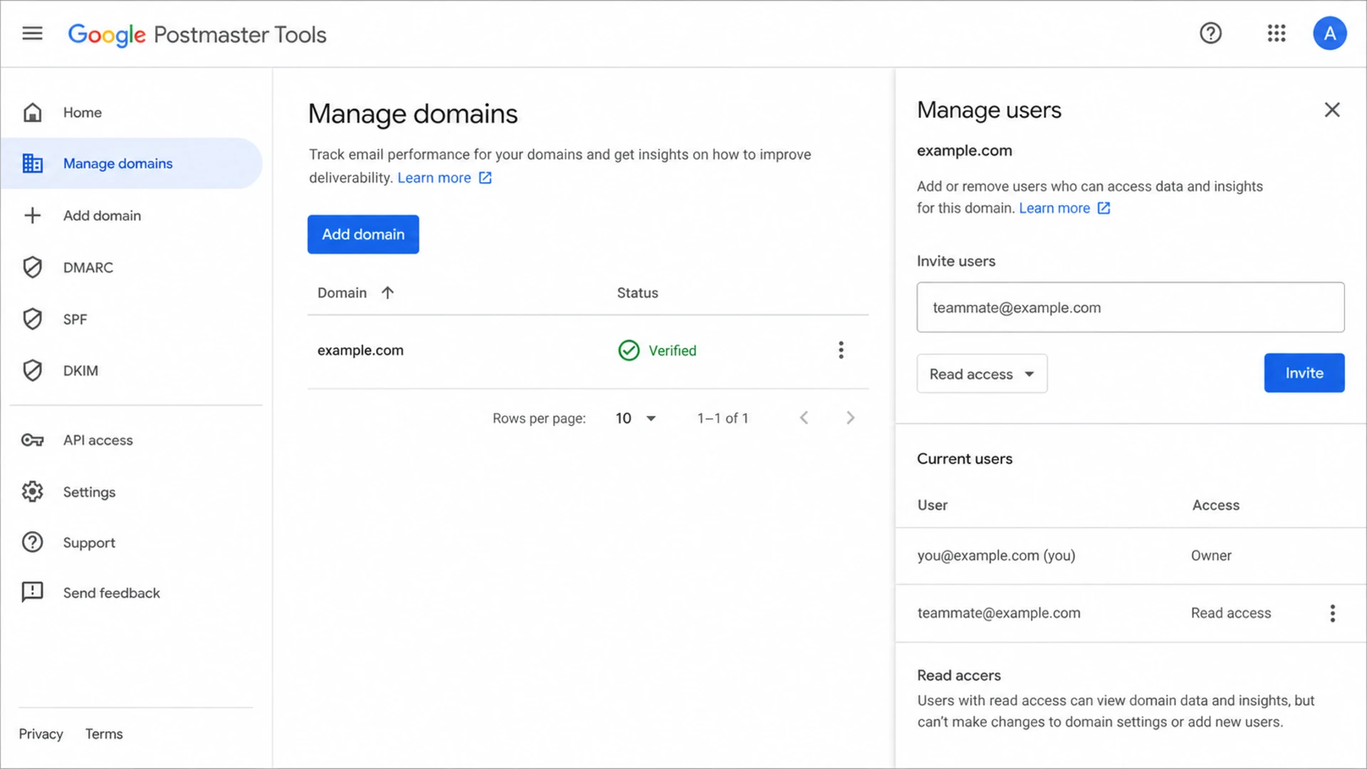 Google Postmaster Tools screen showing a verified domain and delegated user access.