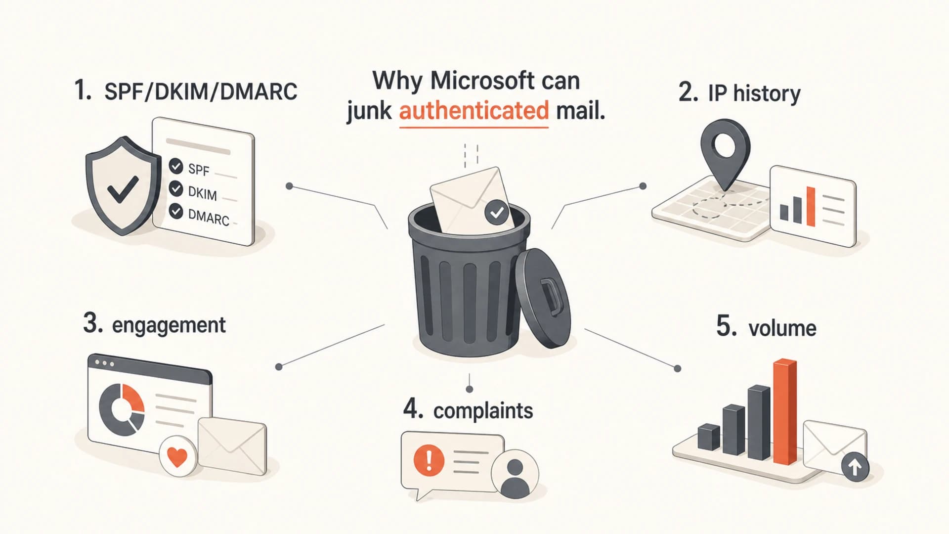 Microsoft deliverability signals include authentication, reputation, engagement, complaints, and volume.