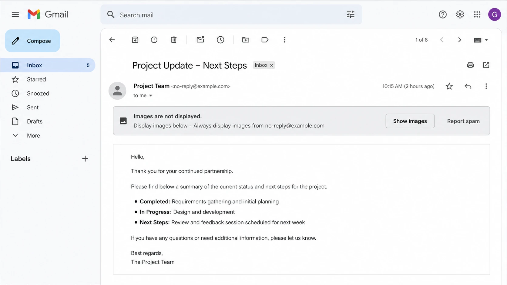Gmail message view with an images hidden banner above an email.