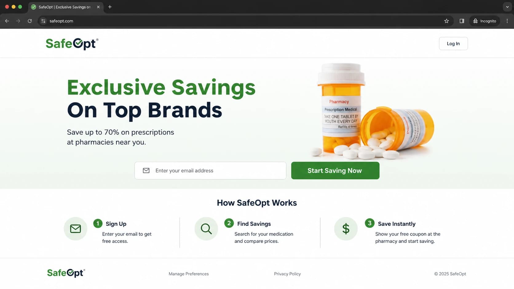 Screenshot-style view of the SafeOpt homepage with email signup and preference links.