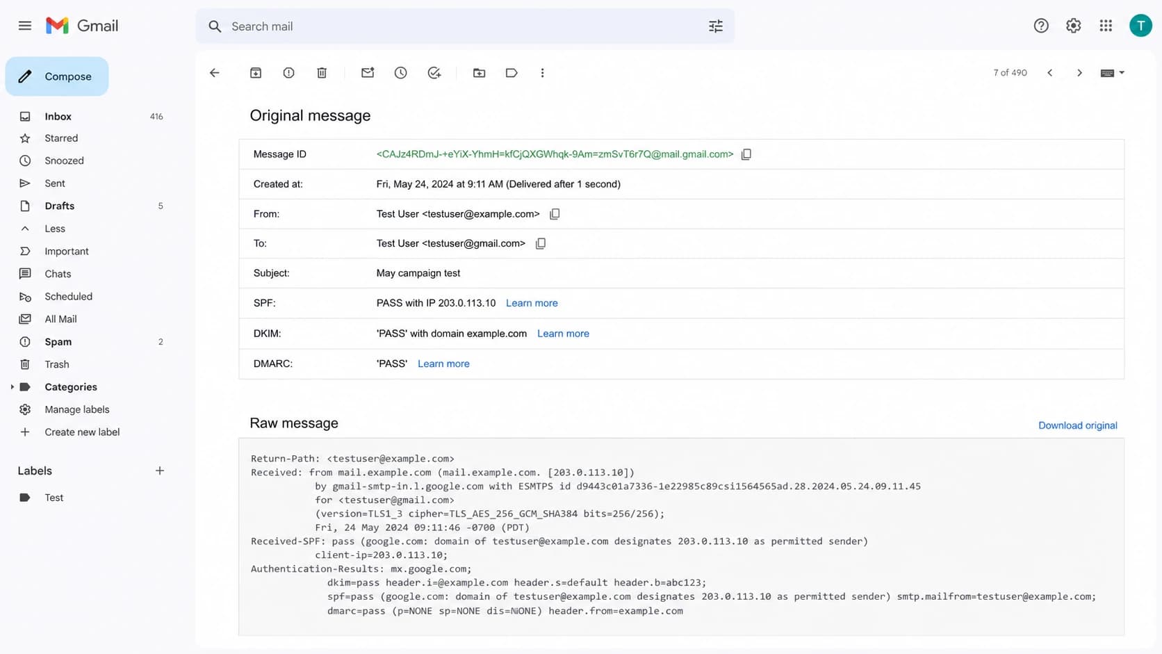 Gmail Show original page with SPF, DKIM, and DMARC passing for a test email.