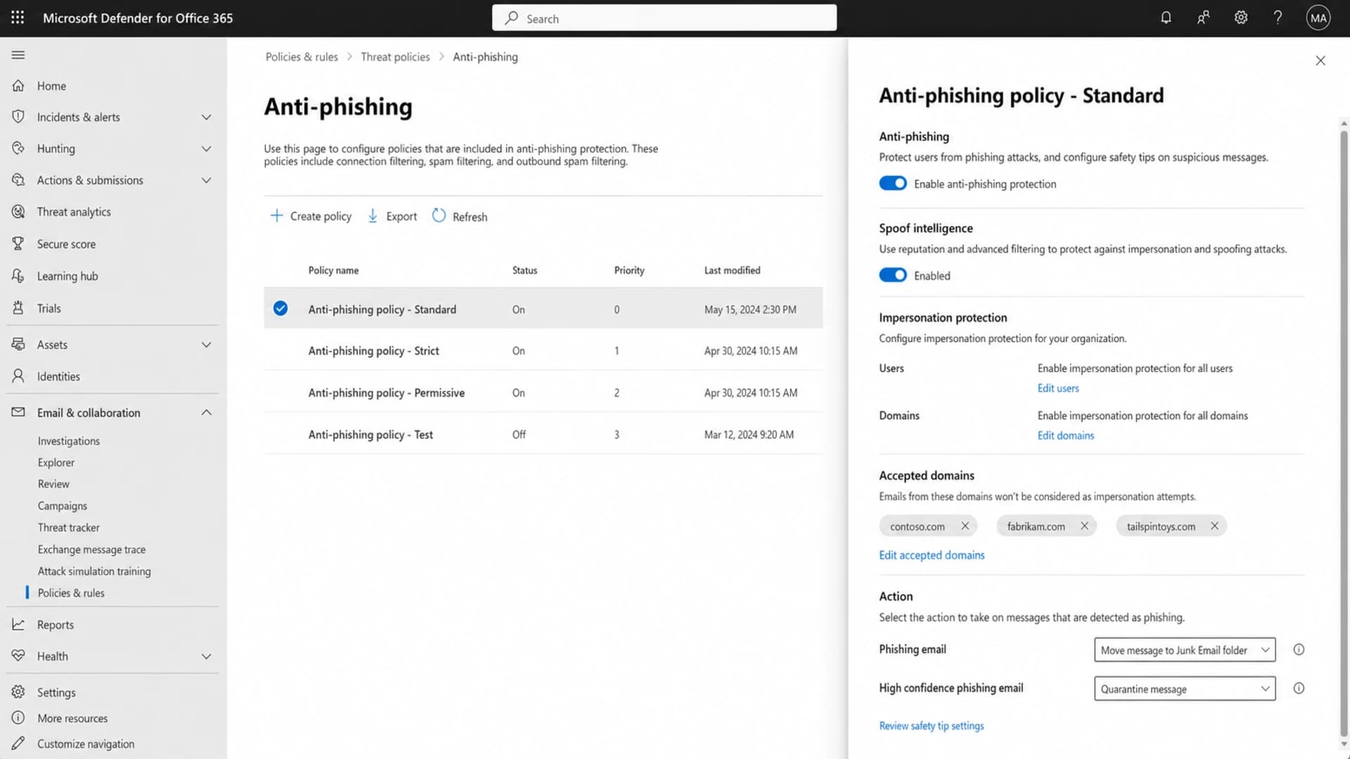 Microsoft Defender for Office 365 anti-phishing settings that affect spoof and impersonation decisions.