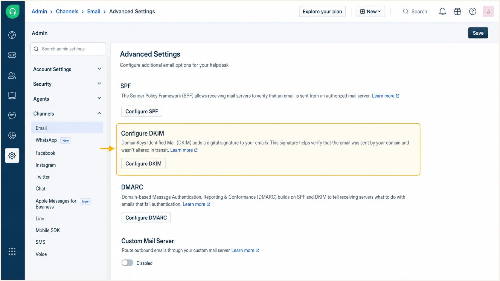 Freshdesk Advanced Settings with Configure DKIM highlighted