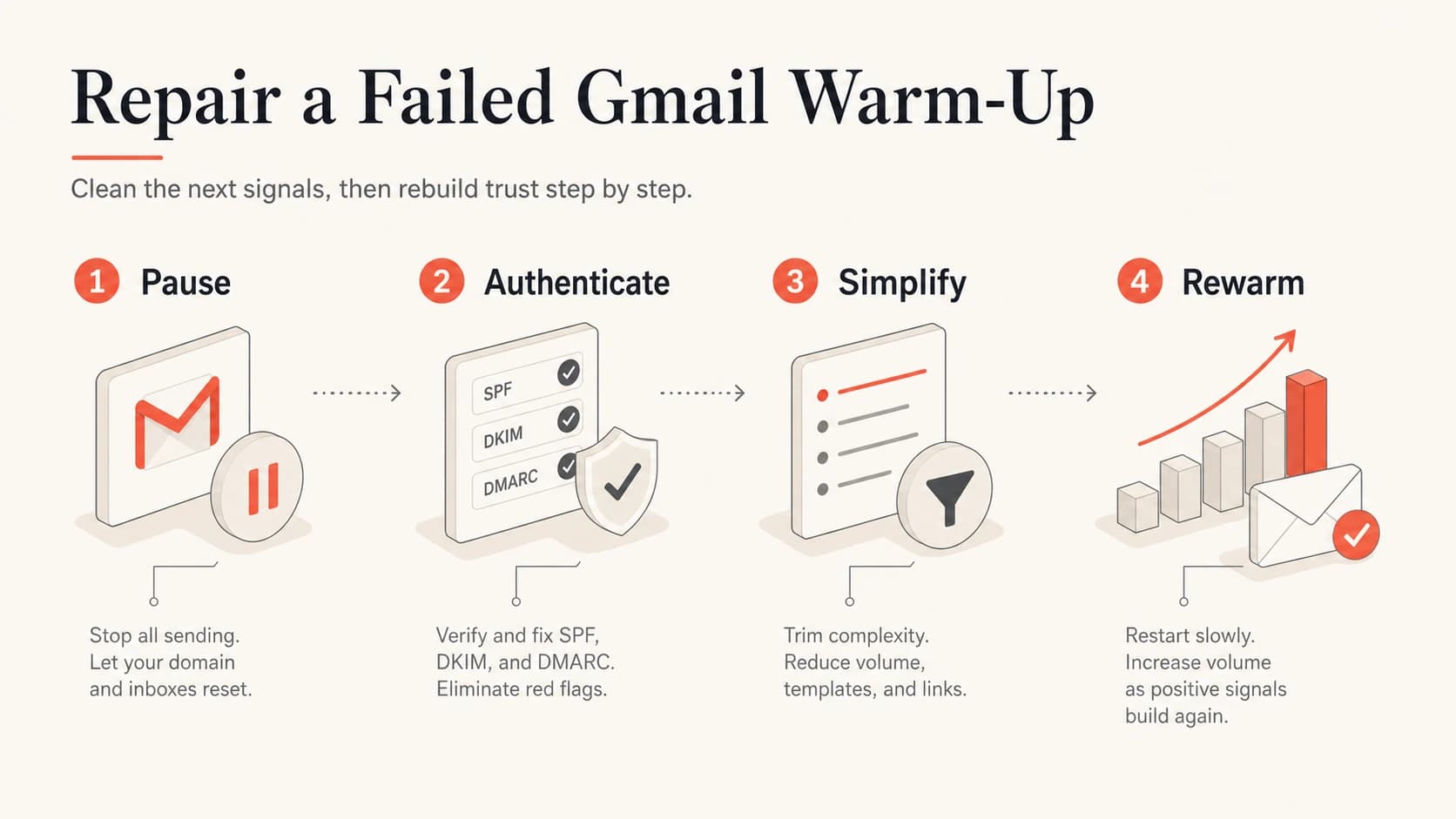 Four-step visual showing pause, authenticate, simplify, and rewarm.