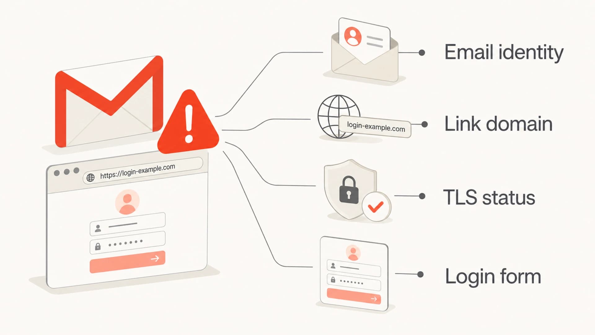 Four signals Gmail can use when evaluating a linked login page.