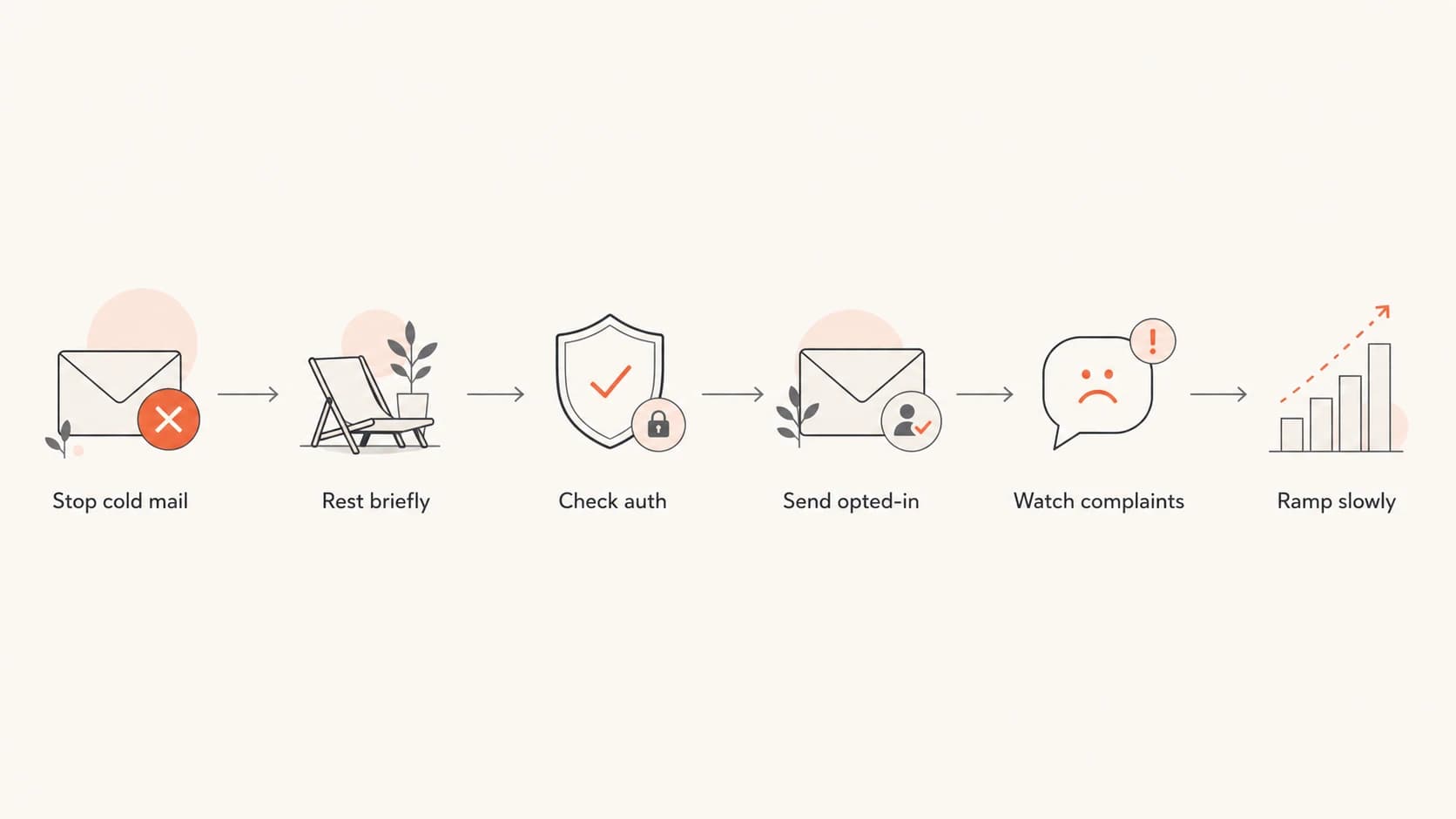 A left-to-right flowchart for stopping cold mail and rebuilding reputation slowly.