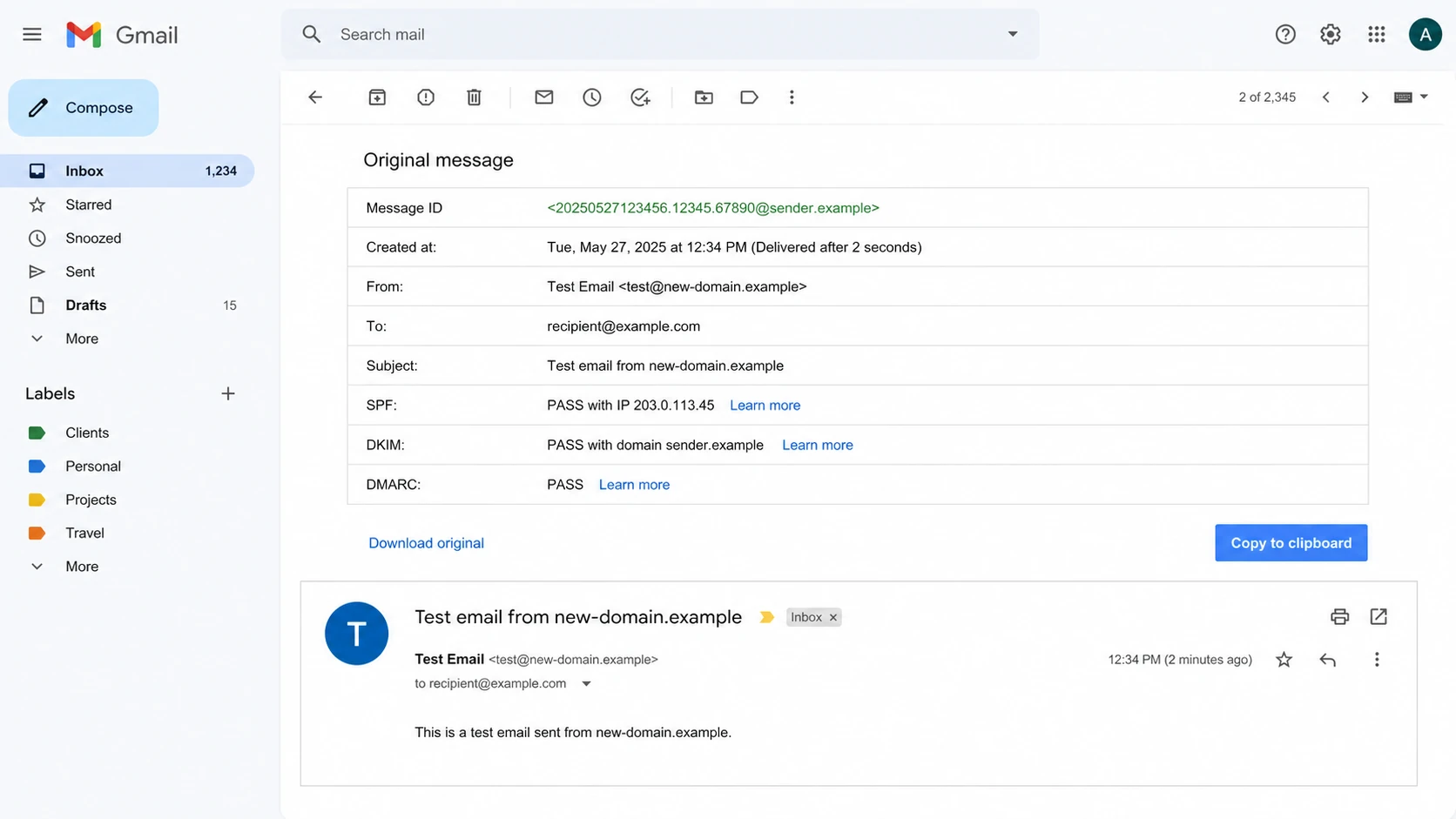 Gmail Show original view with authentication results for a test message.
