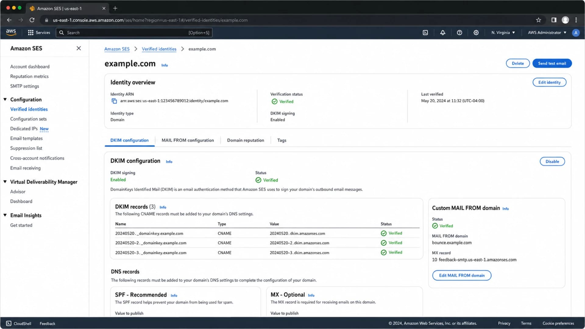 Amazon SES console showing DKIM and custom MAIL FROM settings for a verified domain.