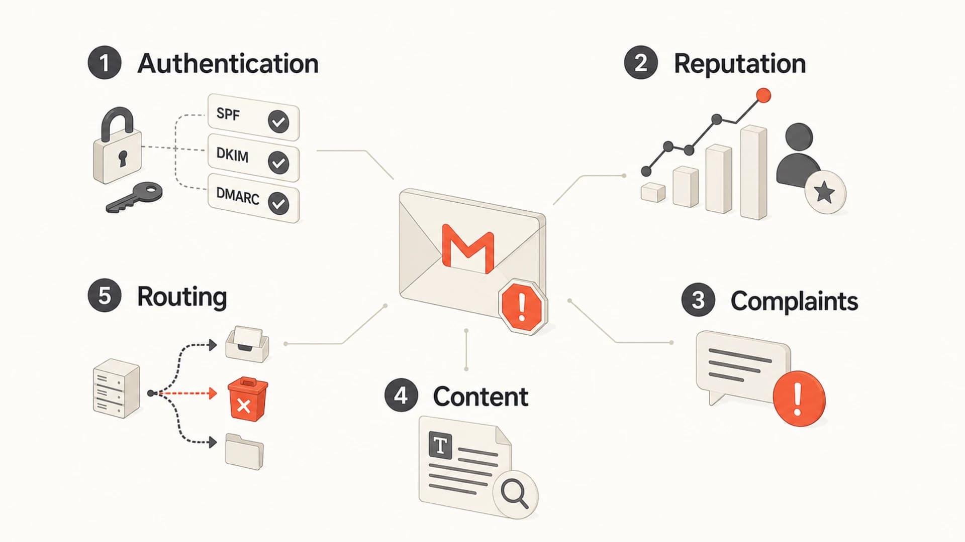 Infographic showing five causes of Gmail spam placement.