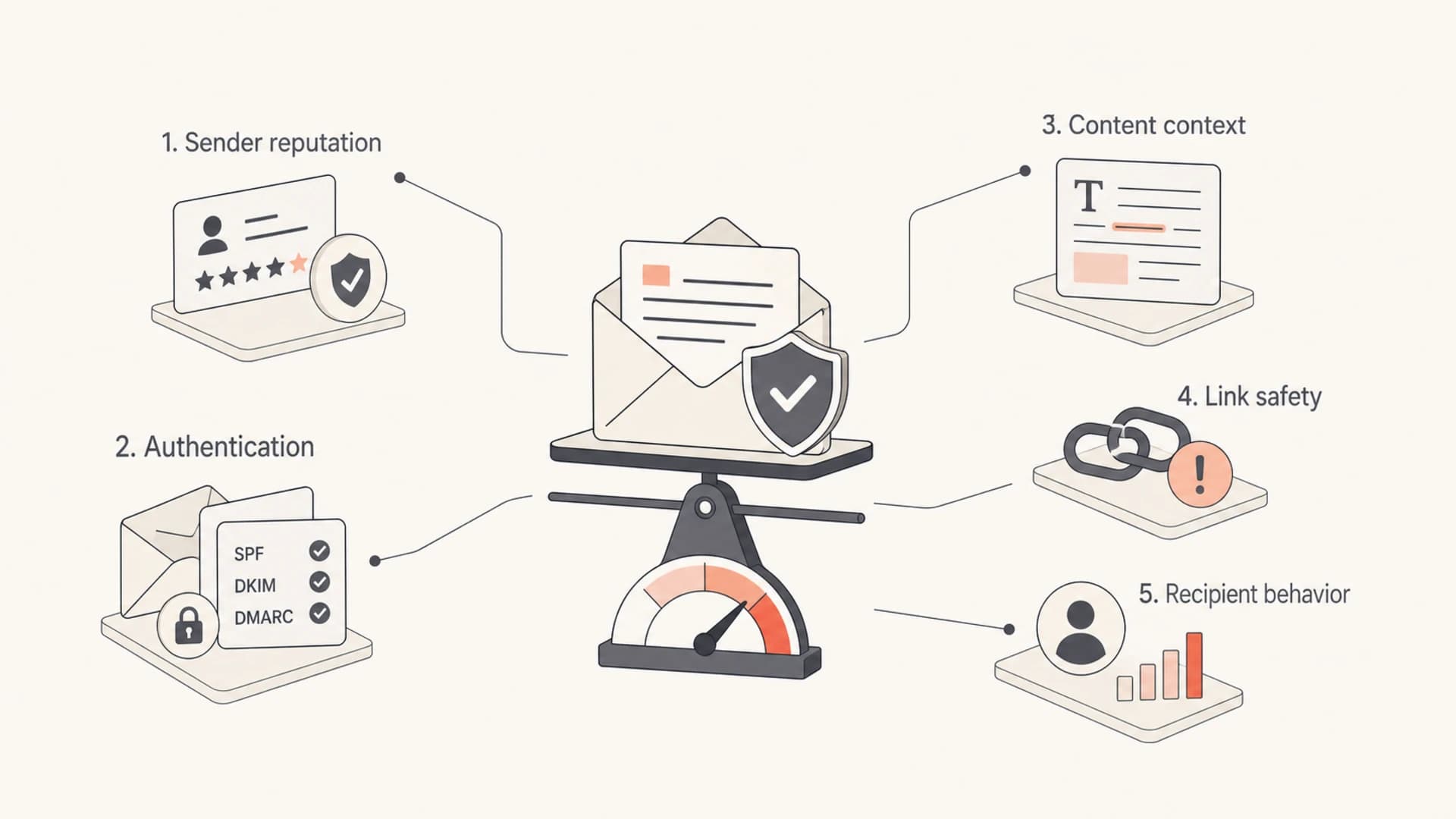 Spam filtering weighs reputation, authentication, content, links, and recipient behavior.