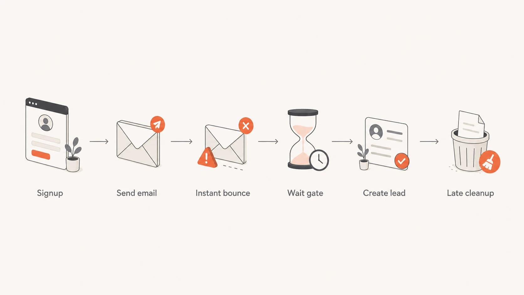 Signup bounce handling flow from email send to late cleanup.