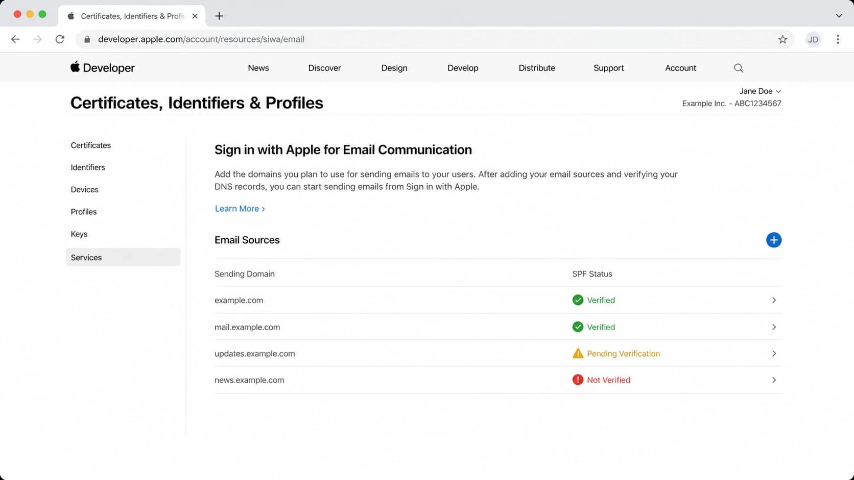 Apple Developer account screen for configuring Sign in with Apple email sources.