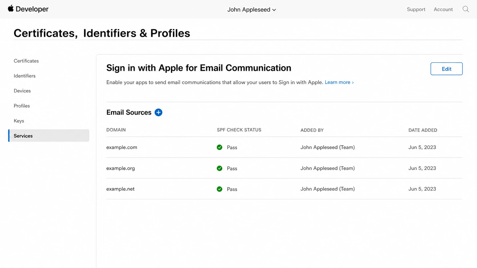 Apple Developer account portal with Private Email Relay email sources