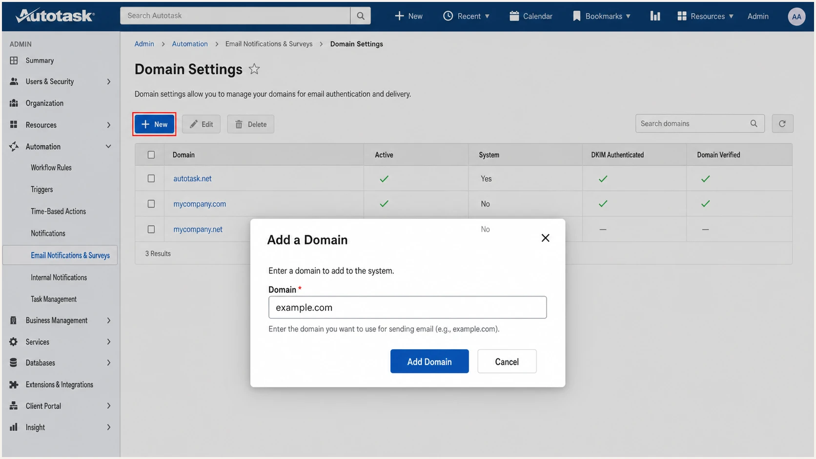 Autotask PSA Add a Domain dialog on Domain Settings