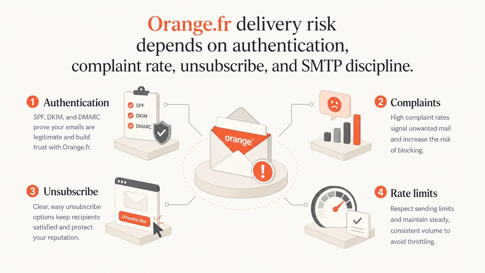 Infographic showing the four main Orange.fr deliverability risk signals.