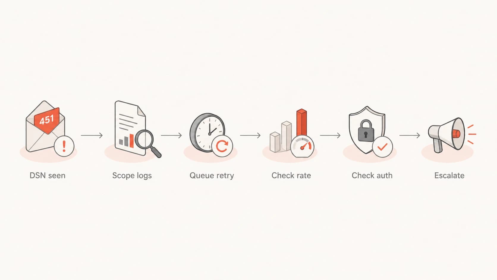 A flowchart showing how to scope, retry, and troubleshoot a Gmail 451 4.3.0 deferral.