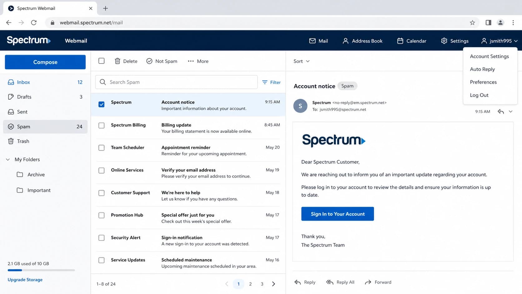 Spectrum Webmail inbox view for checking mailbox-side delivery.