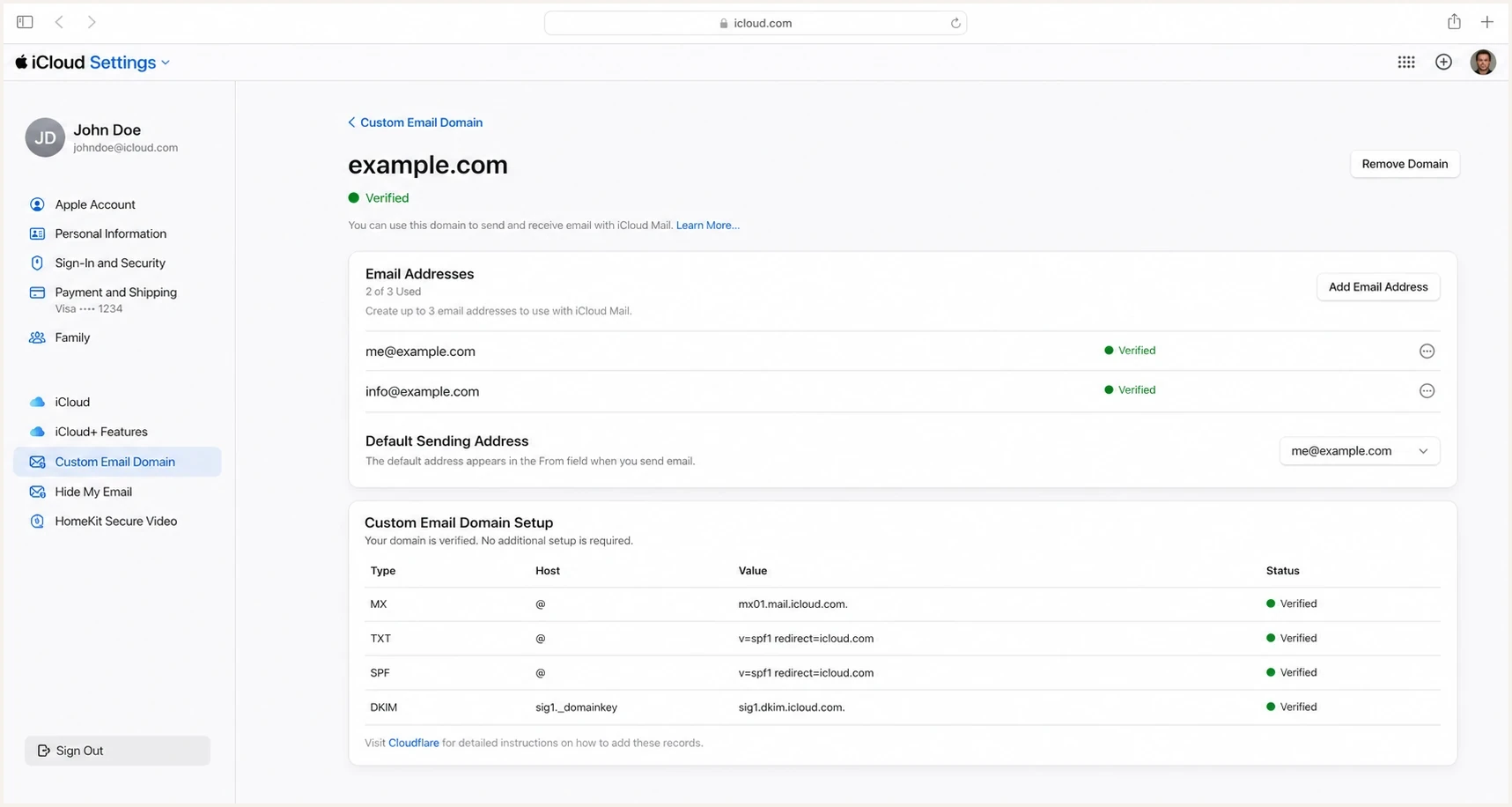 iCloud.com custom email domain settings with verified DNS.