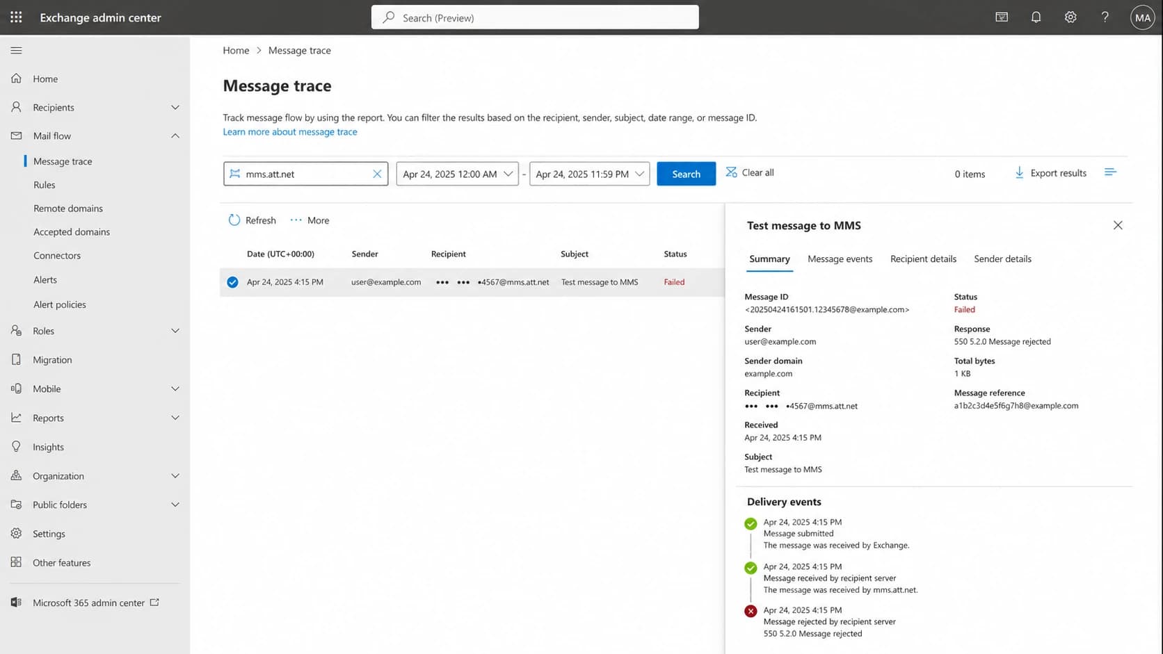 Microsoft Exchange admin center message trace showing a failed AT&T gateway delivery.