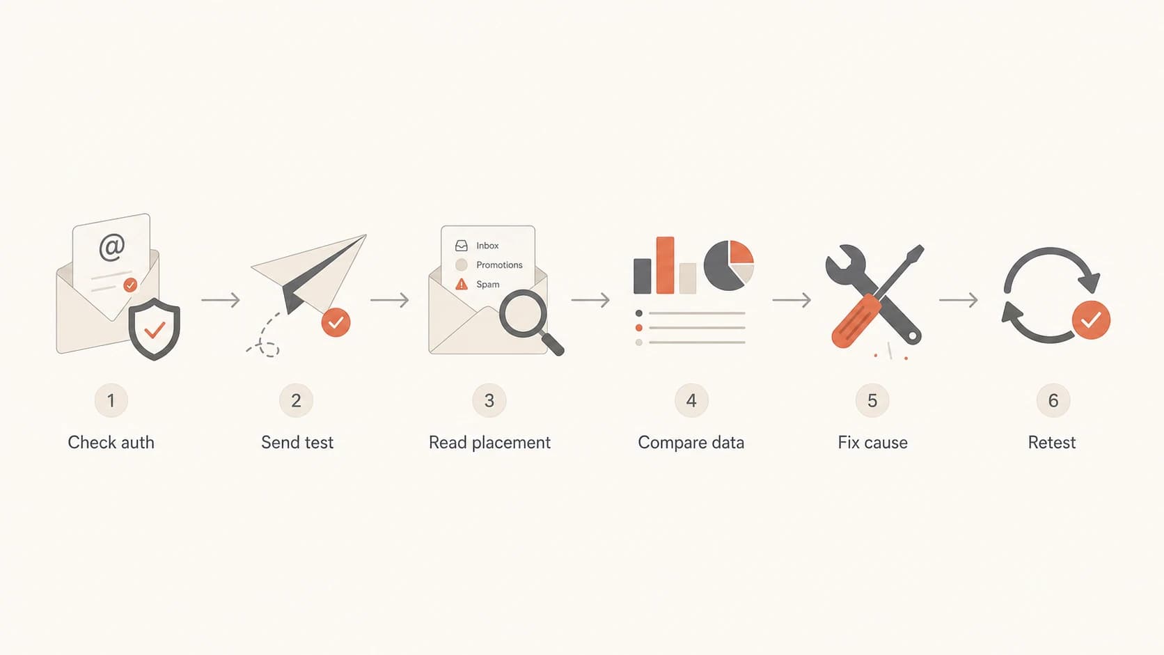 Inbox placement testing workflow: check authentication, send test, compare data, fix cause, and retest.