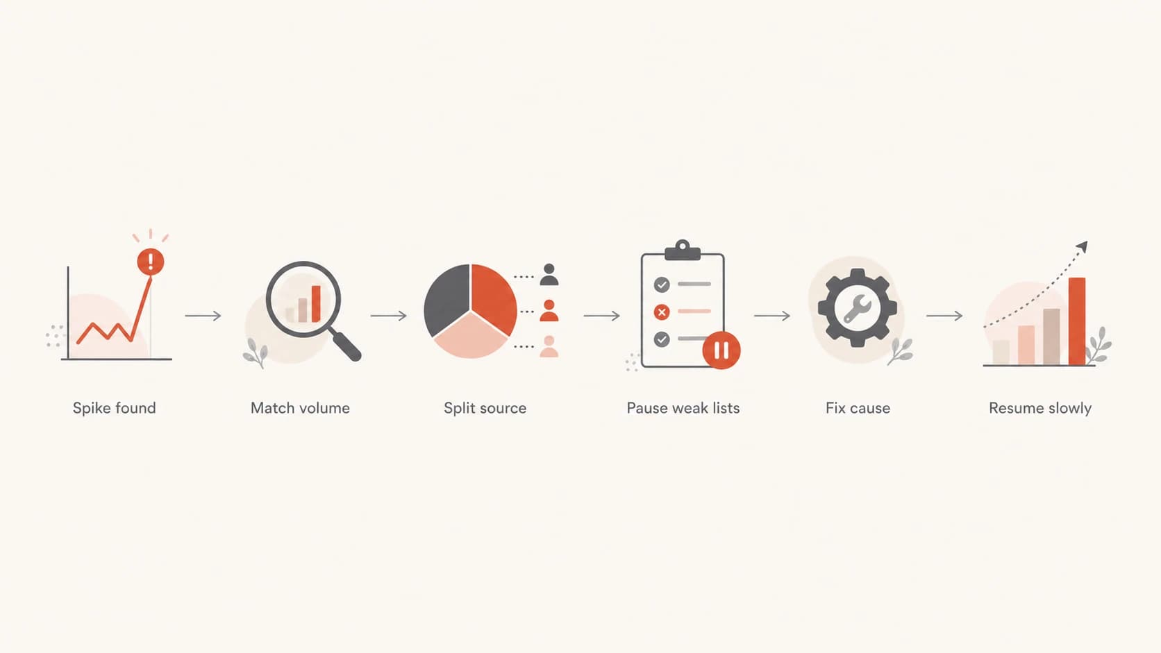 A flowchart for reducing a high spam rate after a complaint spike.
