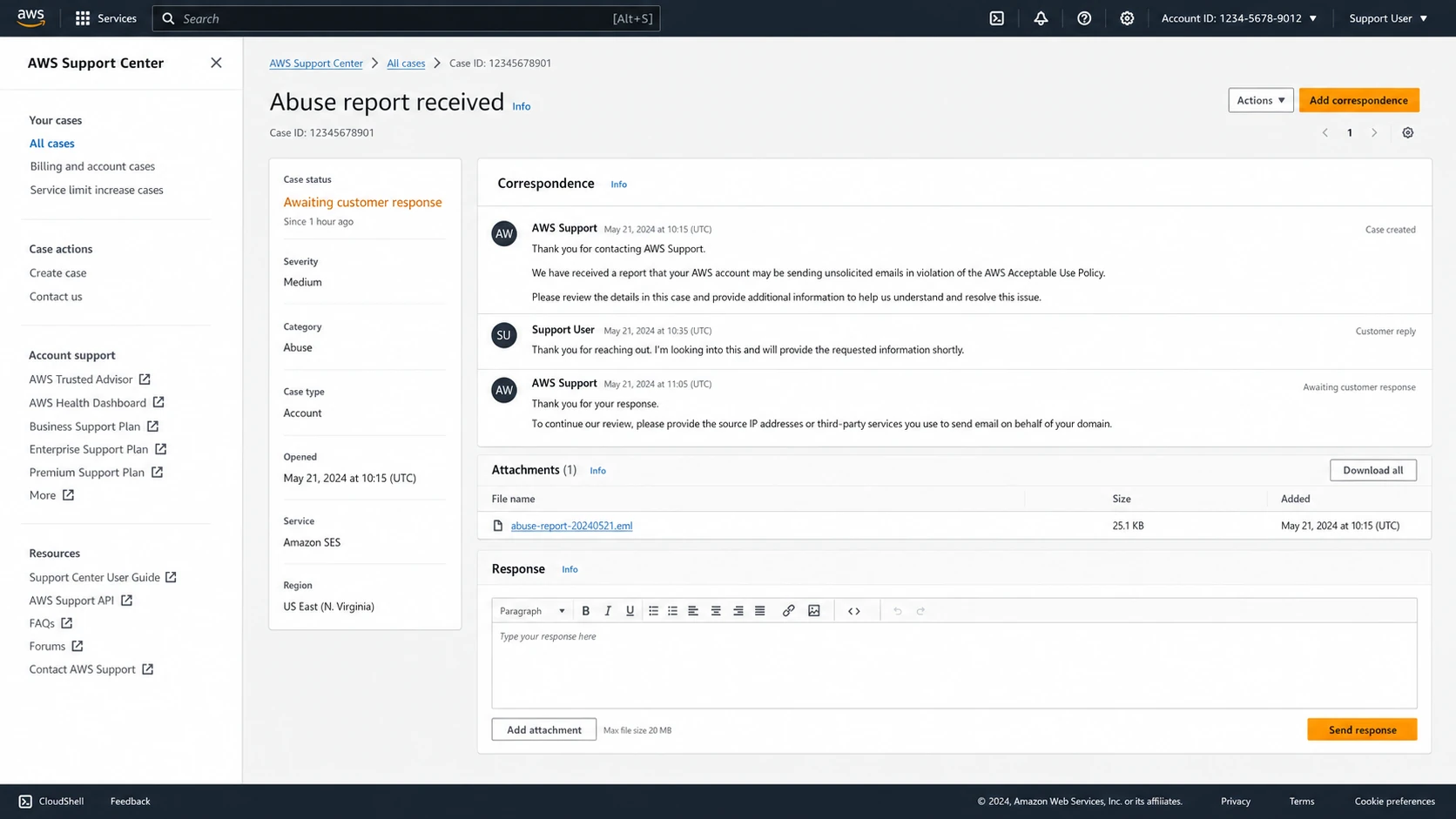 AWS Support Center case screen for an abuse report requiring sender response.