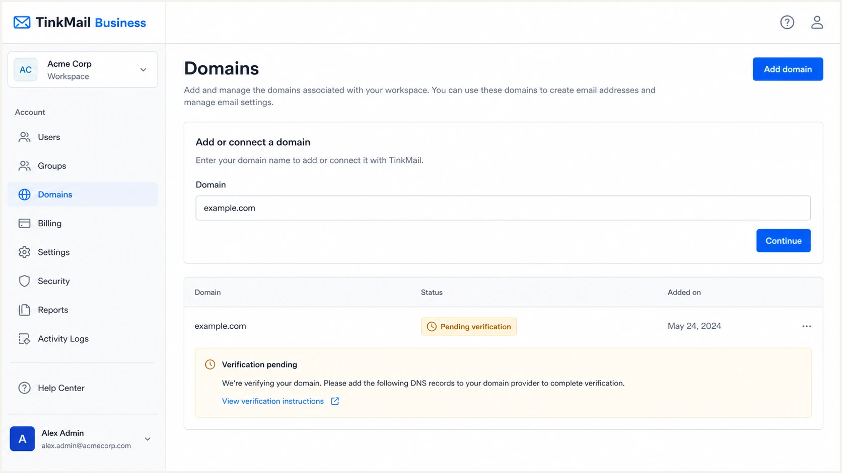 TinkMail Business custom domain connection screen