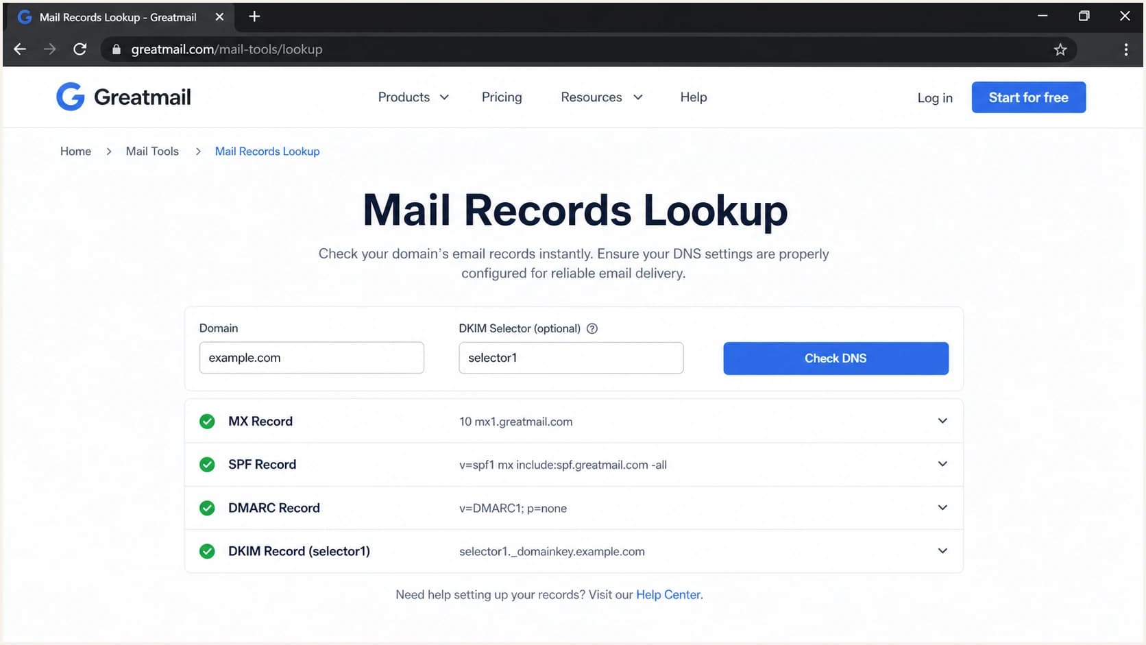 Greatmail mail records lookup fields and results