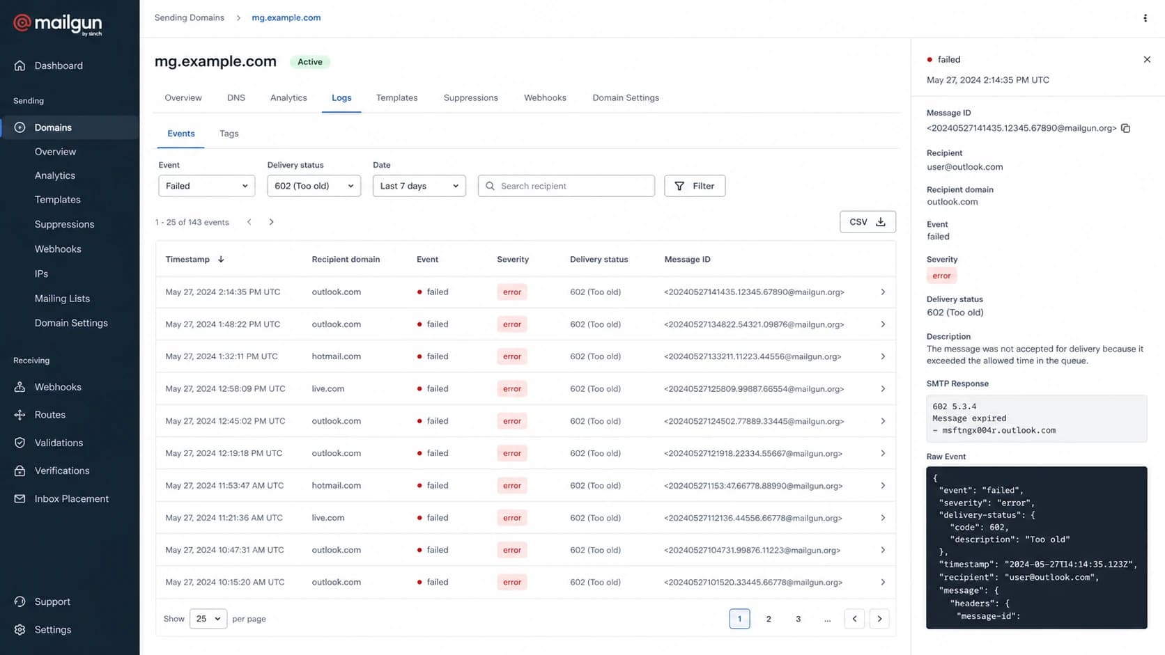 Mailgun Control Panel logs filtered to Too old delivery events.